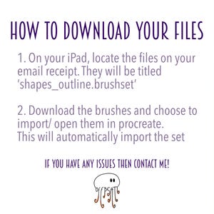 Pode incluir: Um fundo degrad&ecirc; rosa e laranja com texto branco que explica como baixar arquivos de um recibo de e-mail. O texto diz "HOW TO DOWNLOAD YOUR FILES" e inclui instru&ccedil;&otilde;es sobre como baixar e importar conjuntos de pinc&eacute;is para o aplicativo iPad Procreate. O texto tamb&eacute;m inclui uma mensagem de contato para quaisquer problemas. Uma &aacute;gua-viva de desenho animado com dois olhos est&aacute; na parte inferior da imagem.
