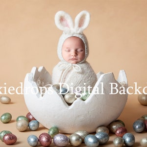 Newborn easter digital, Newborn Easter Prop, Digital Backdrops/Props, Easter bunny insert in cracked egg prop,glitter easter eggs on tan PSD