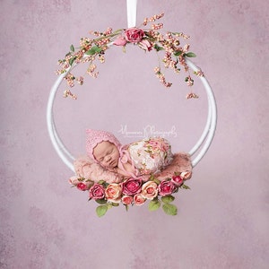 Newborn digital backdrop,  (White Wreath Hanging Swing with Pink Roses and Pink background and Pink Fur Piece) Digital Download