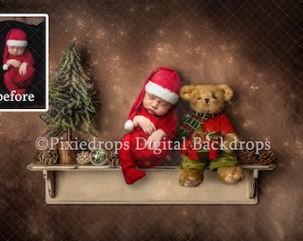 Weihnachten Neugeborenes Regal, Weihnachten Teddybär Digital Backdrop, Teddybär mit Geschenk, Neugeborenen Hintergrund, Weihnachtsteddybär auf einem Regal