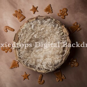 Newborn digital backdrop, newborn gingerbread backdrop, top view digital backdrop with gingerbread cookies and brown textured background.
