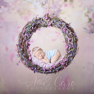 Newborn digital backdrop, ( Digital Newborn Backdrop, Hanging Pink and Purple Floral Wreath on  Painted Floral Backdrop) Digital download