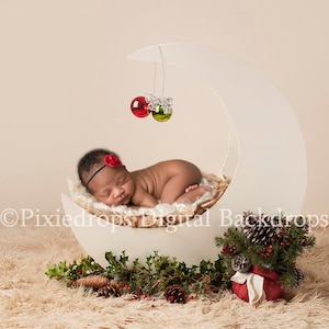 Christmas digital backdrop, Moon Prop, cream backdrop with holly, newborn digital, Christmas Digital Download