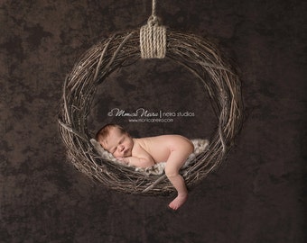 Newborn digital backdrop, (Hanging Newborn Digital Backdrop Twig Swing on Dark Brown Textured Background)