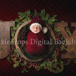 Newborn Santa Digital backdrop-Santa newborn backdrop, JOY lettering for newborns, greenery and berries, christmas digital backdrop. PSD