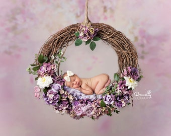 Newborn digital backdrop , Floral Wreath Prop, Purple Newborn Prop (Hanging Newborn Digital Backdrop, Instant Download, Newborn girl prop)