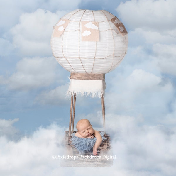 Newborn digital backdrop, Digital Backdrops/Props (Newborn Hot Air Balloon Prop with Cream, Blue Backgrounds with Clouds) Digital Download