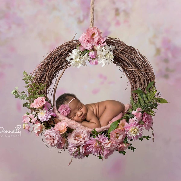 Newborn digital backdrop , Floral Wreath Prop (Hanging Floral Newborn Digital Backdrop, Instant Download, Newborn girl prop) Pink flowers