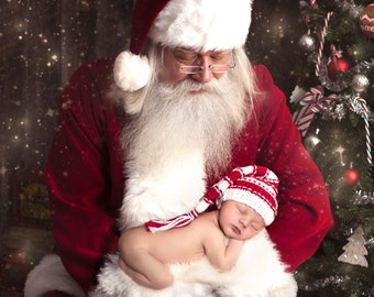 Digital Backdrop - Christmas Santa newborn backdrop, Santa cuddles newborn on with Christmas tree.