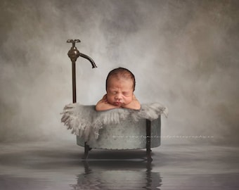 Digital Backdrops/Props  (Newborn Photography Prop. Newborn Digital Prop. Bucket With Faucet Grey Fluff and Grey Backdrop) Digital Download