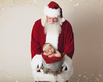 Digitaler Weihnachtshintergrund, Weihnachtsmann hält Eimer, Weihnachtsmann auf cremefarbenem Hintergrund, Weihnachtsszene, Weihnachtsmann-Hintergrund