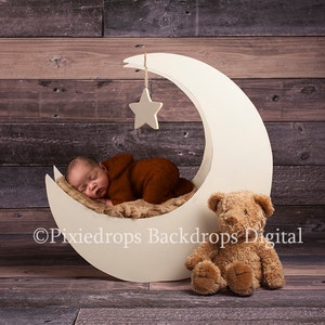Digital Backdrops/Props (Newborn Moon Prop With Antiqued Wood backdrop Vintage Teddy Bear and Brown and Cream furs) Digital Download