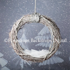 Digital Backdrops/Props (Hanging Newborn Digital Backdrop Twig Swing with Snowy Paper Trees backdrop) Christmas Digital Download