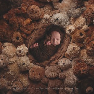 Puede incluir: Un beb&eacute; reci&eacute;n nacido envuelto en una manta marr&oacute;n, rodeado de numerosos osos de peluche. Los osos son de varios tonos marrones y beige, creando una escena c&aacute;lida y reconfortante. El beb&eacute; est&aacute; durmiendo pl&aacute;cidamente.