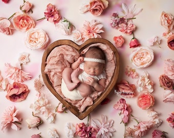 Valentine's Day Newborn Digital Backdrop, Newborn Digital Backdrop. Heart bowl Heart bowl digital, top view floral digital , valentine prop