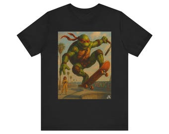 Cartoon Icon Parody Tattoo Skateboarding Turtle Tee, Fun Graphic Tee, Gift for Teens, TMNT, Nerd Culture Tee,