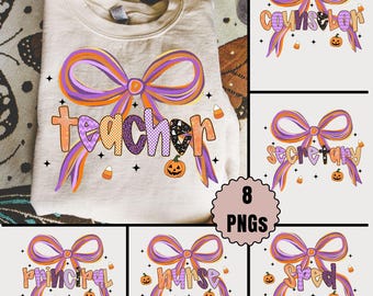 May include: A cream-coloured sweatshirt featuring a large purple and orange bow design, with the word "Teacher" in various fonts and patterns. The design includes a jack-o'-lantern and candy corn accents. Additional designs for "Counselor", "Secretary", "Principal", "Nurse", and "Sped" are also shown.