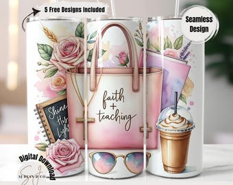Christian Teacher Tumbler Wrap PNG, Faith + Teaching Floral 20oz Sublimation Design, Pastel School Coffee Cup Wrap, Christian Tumbler PNG