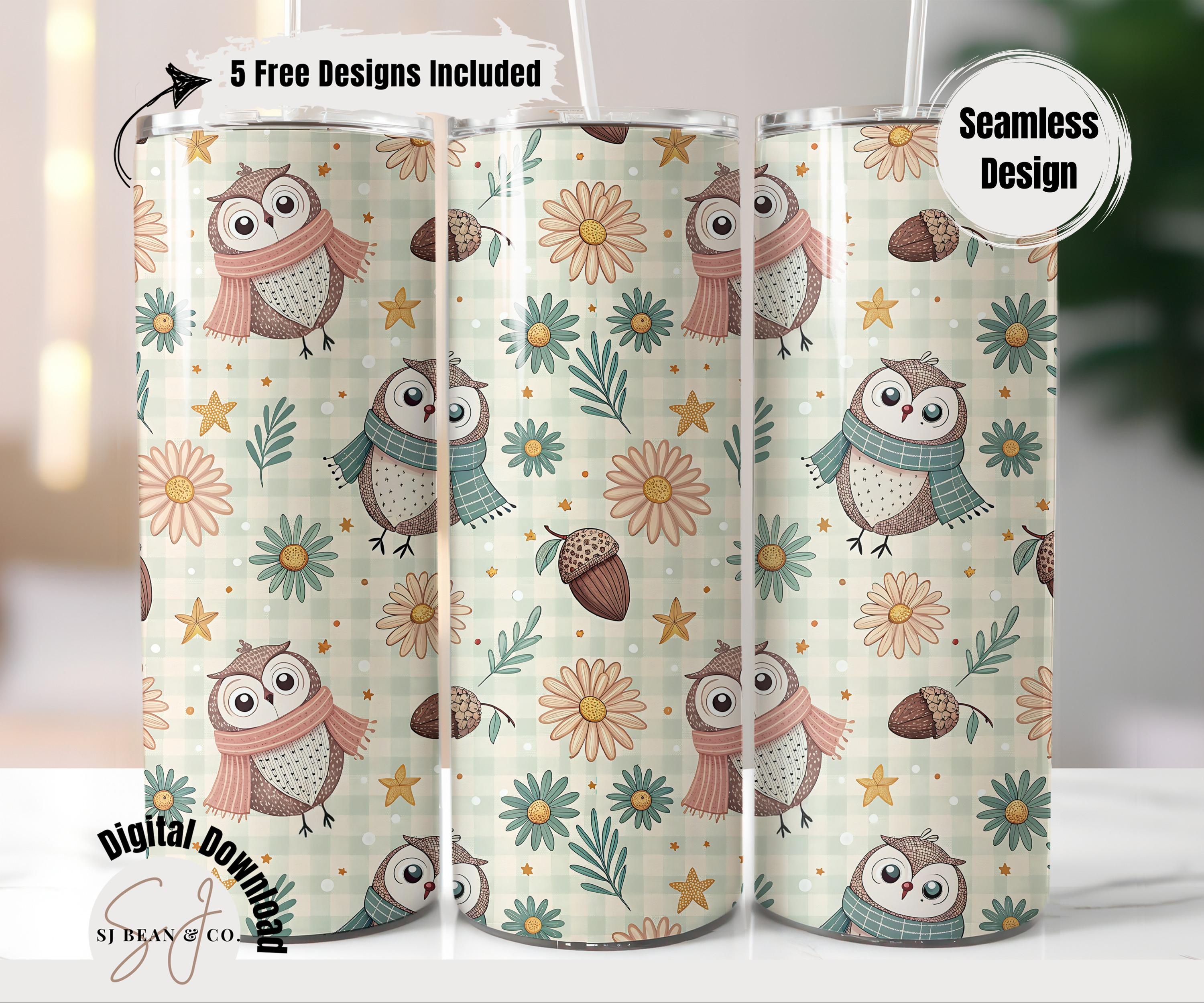 Cute Owl Fall Tumbler Wrap PNG, Acorn and Daisy 20oz Sublimation Wrap, Autumn Woodland Animal Tumble