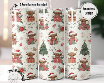Christmas Highland Cow Tumbler Wrap PNG, Winter Cow Pattern Wrap for 20oz Skinny Tumbler, Cute Farm Holiday Sublimation Design