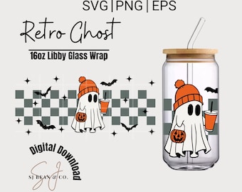 Cute Ghost Libbey Glass Can Wrap 16oz SVG, Retro Halloween Ghost svg, Spooky Season svg, UV DTF Transfer, Trendy Halloween png