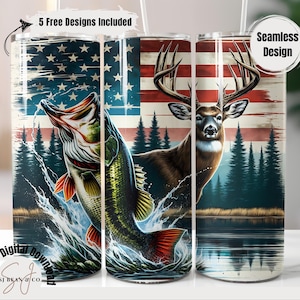 American Flag Deer and Bass Fishing Tumbler Wrap PNG, Hunting 20oz Skinny Sublimation Design, Hunting Season or Fisherman Gift for Dad