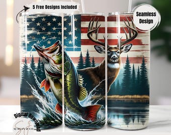 American Flag Deer and Bass Fishing Tumbler Wrap PNG, Hunting 20oz Skinny Sublimation Design, Hunting Season or Fisherman Gift for Dad