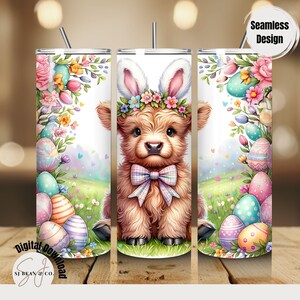 Highland Cow Easter Tumbler Wrap 20 oz Skinny Tumbler Sublimation Design Digital Download, Bunny Ear Highland Cow Easter Tumbler Png