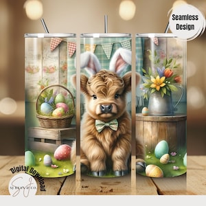 Highland Cow Easter Tumbler Wrap 20 oz Skinny Tumbler Sublimation Design Digital Download, Bunny Ear Highland Cow Easter Tumbler Png