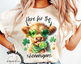 Highland Cow St. Patrick's Day Png, Here for The Shenanigans Sublimation Design, Retro St Patricks Day Png, Lucky Png, Digital Download