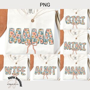 Coqueta Preppy Mama Png, Floral Mama Png, Diseño de sublimación de letras de garabato floral, Coquette Bow Png, Paquete Png del Día de las Madres, Mimi, Gigi