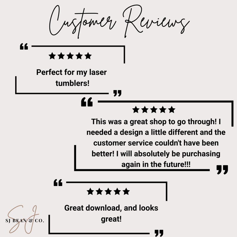 Puede incluir: Gr&aacute;fico beige claro con las palabras "Customer Reviews" en una fuente manuscrita. La imagen presenta tres rese&ntilde;as de clientes con calificaciones de cinco estrellas, elogiando la calidad y el servicio al cliente.