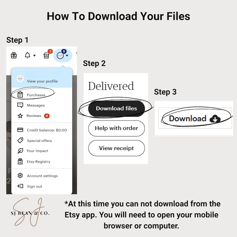 Peut inclure: Un graphique p&eacute;dagogique intitul&eacute; How To Download Your Files illustrant trois &eacute;tapes. L'&eacute;tape 1 met en &eacute;vidence le menu Purchases. L'&eacute;tape 2 montre un bouton Download files. L'&eacute;tape 3 montre un bouton Download avec une ic&ocirc;ne de nuage. Le texte indique qu'il est impossible de t&eacute;l&eacute;charger depuis l'application Etsy.