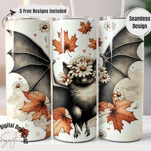 Spooky Tumbler Wrap, Cute Bat Halloween 20oz Skinny Sublimation Design, Boho Autumn Tumbler PNG, Floral Bat Digital Download