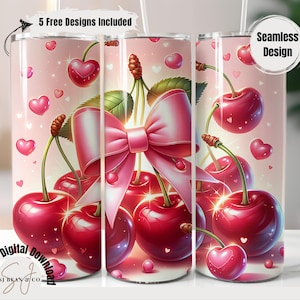 Coquette Cherry Tumbler Wrap PNG, Cute Pink Bow Cherry Design, Soft Girl Aesthetic Tumbler Wrap, 20 oz Skinny Tumbler Sublimation