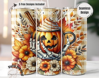 Pumpkin Spice Tumbler Wrap, Skeleton Hand 20oz Skinny Tumbler Sublimation Design, Boho Fall Vibes, Cute Halloween Tumbler Wrap PNG