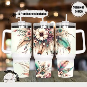 Pastel Flower Wrap for 40oz Tumbler, Mint Boho Floral PNG Tumbler Design, Feather Sublimation Designs Downloads for 40 oz Tumbler