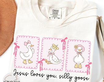 Christian Silly Goose Png, Trendy Faith Based Design, Jesus Loves You Christian Shirt Sublimation Design, Cute Coquette Frame Pink Goose Png