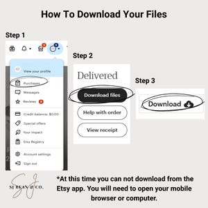 Puede incluir: Una gu&iacute;a titulada "C&oacute;mo descargar tus archivos" con instrucciones paso a paso. Los pasos incluyen navegar a "Compras", hacer clic en "Descargar archivos" y luego hacer clic en "Descargar". El texto tambi&eacute;n indica que las descargas no est&aacute;n disponibles en la aplicaci&oacute;n de Etsy.