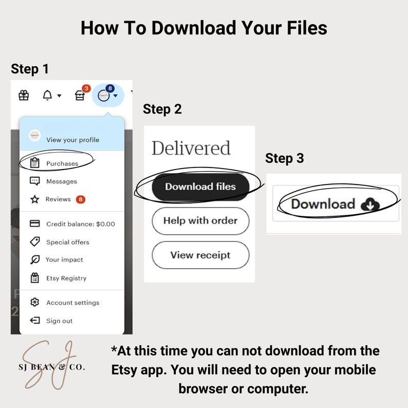Puede incluir: Una gu&iacute;a titulada "C&oacute;mo descargar tus archivos" con instrucciones paso a paso. Los pasos incluyen navegar a "Compras", hacer clic en "Descargar archivos" y luego hacer clic en "Descargar". El texto tambi&eacute;n indica que las descargas no est&aacute;n disponibles en la aplicaci&oacute;n de Etsy.