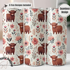 Seamless Highland Cow and Floral Pattern Shower Curtain, Rustic Bathroom Decor, Farmhouse Style, Waterproof Fabric Curtain