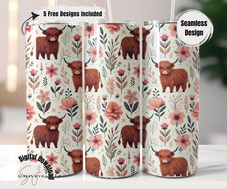 Seamless Highland Cow and Floral Pattern Shower Curtain, Rustic Bathroom Decor, Farmhouse Style, Waterproof Fabric Curtain