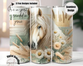 Boho Horse Tumbler Wrap, Christian Rustic Floral 20Oz Skinny Tumbler Sublimation Design, Western Free in Spirit, Horse Lover Gift