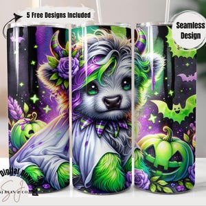 May include: A Halloween-themed tumbler featuring a cartoon cow with green and purple accents, wearing a white cloak. The design includes green jack-o'-lanterns, bats, and the text "5 Free Designs Included" and "Seamless Design".