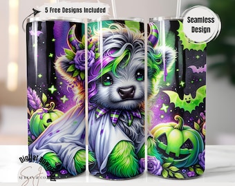 Cute Halloween Highland Cow Tumbler Wrap, Neon Halloween Spooky 20oz Skinny Sublimation Tumbler Design, Ghost Bats Digital Download