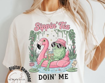 Funny Retro Frog PNG, Retro Flamingo Float Shirt Sublimation Design, Sippin’ Tea Frog PNG, Sarcastic Frog Design, Vacation Shirt PNG