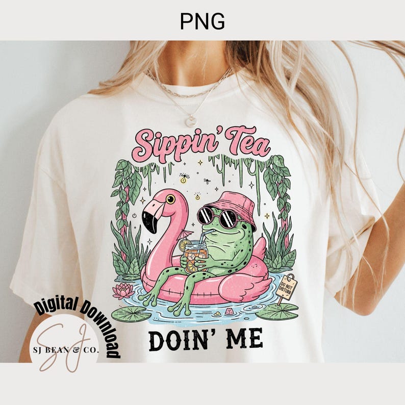 Sippin’ Tea Frog PNG design featuring a green frog in a pink bucket hat and sunglasses relaxing on a pink flamingo float, holding iced tea with lemon and umbrella. Surrounded by lily pads, plants, and “Do Not Disturb” sign. Perfect for sarcastic summer designs, vacation shirt sublimation, and quirky wall art.