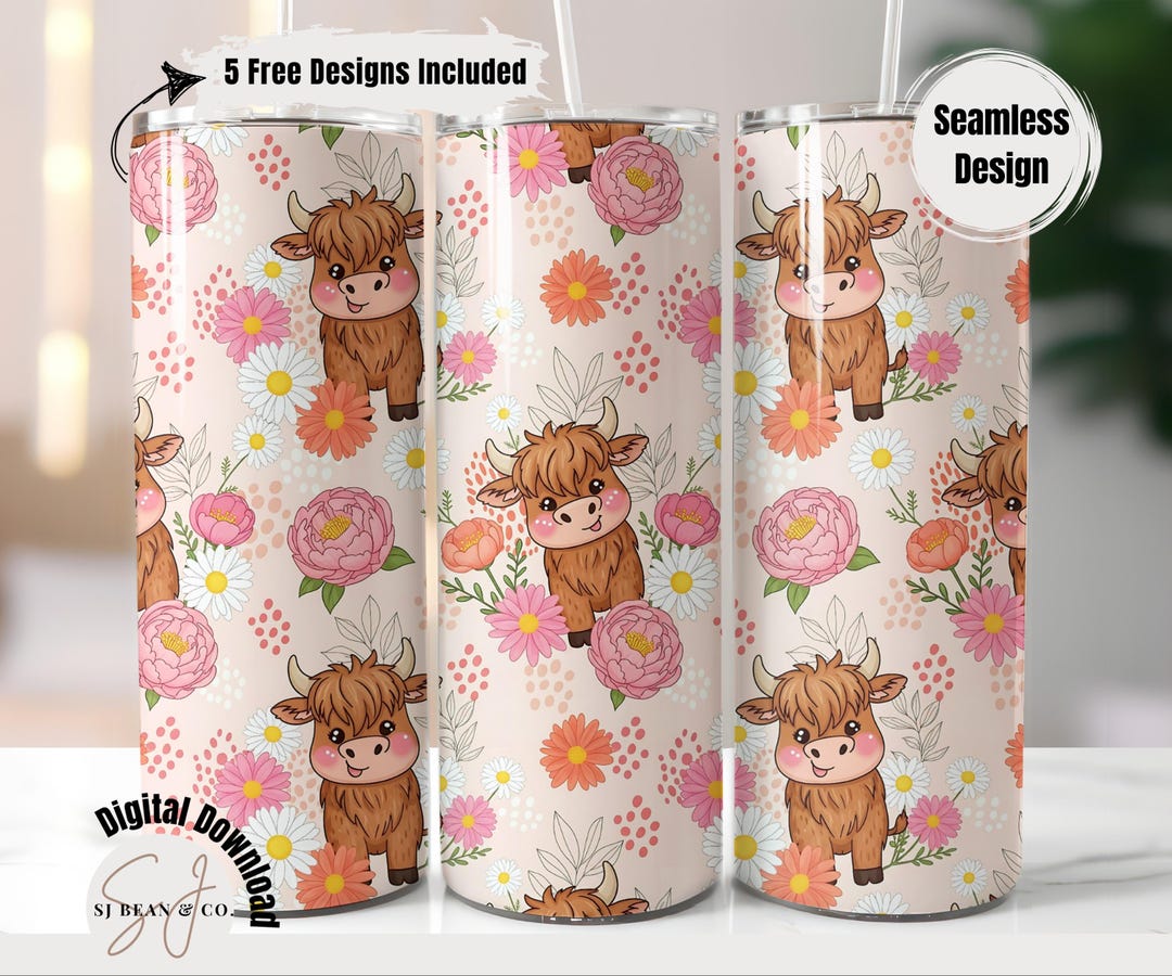 Cute Highland Cow Tumbler Wrap PNG, Floral Cow Pattern Wrap for 20oz ...