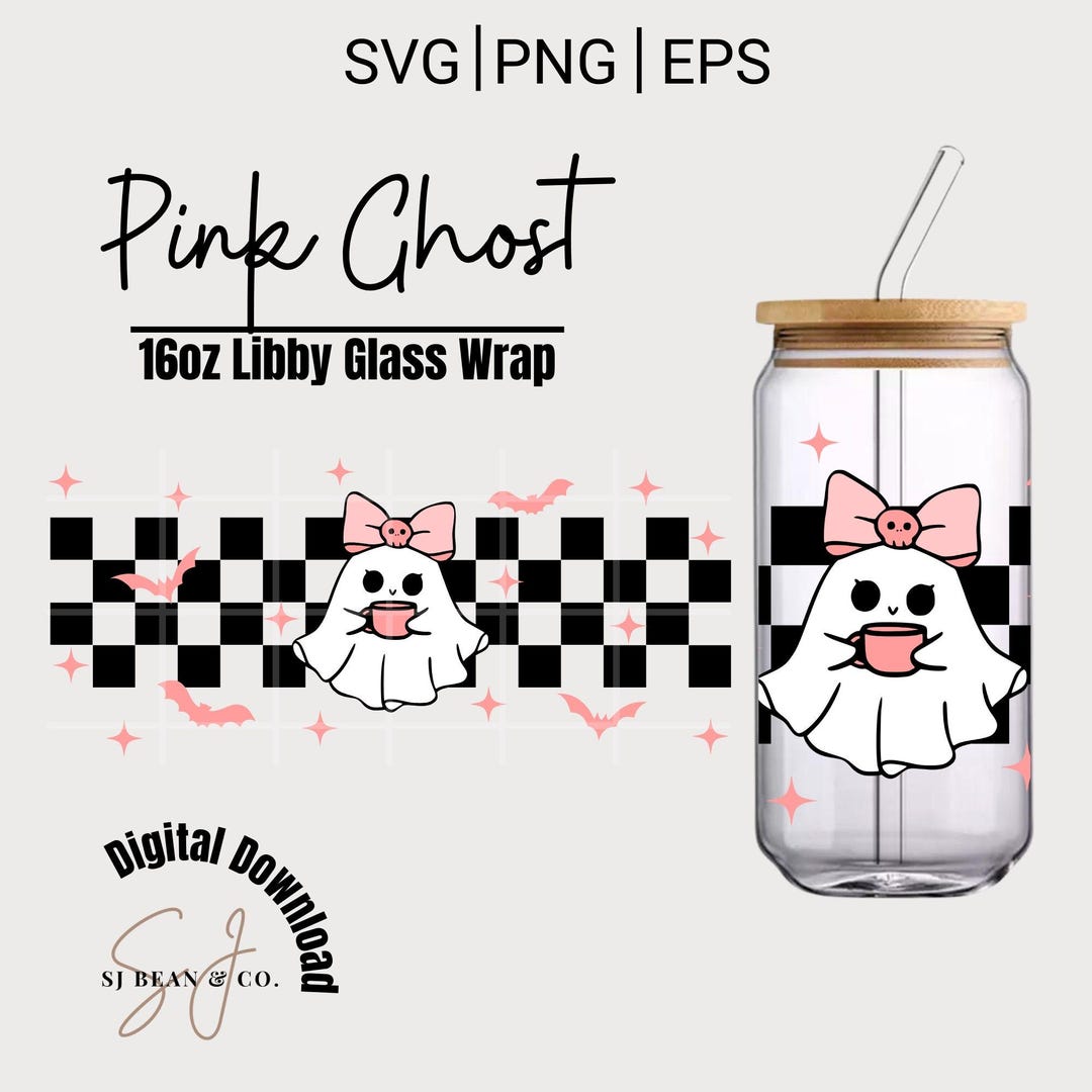 Cute Ghost Libbey Glass Can Wrap 16oz SVG, Retro Halloween Pink Ghost ...