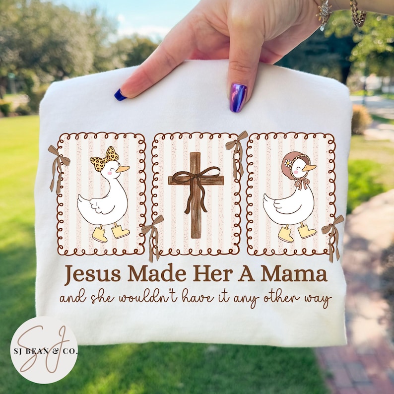 Faith-based “Jesus Made Her a Mama” PNG featuring cute coquette geese and a wooden cross with leopard print bows, perfect for Christian moms.